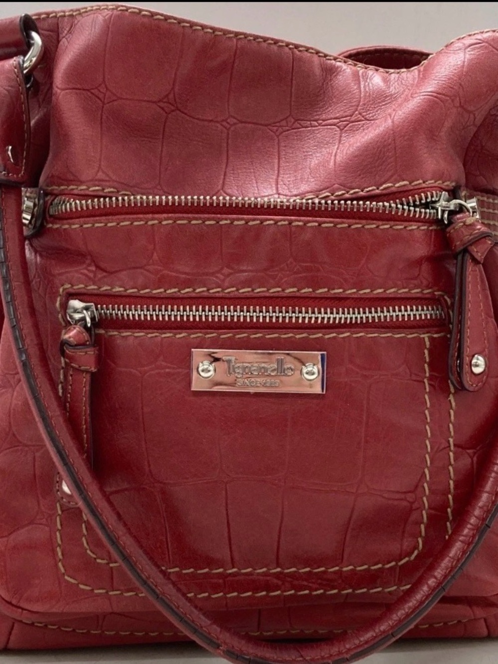 Tignanello Red Croc-Embossed Leather Shoulder Bag With Paisley Lining